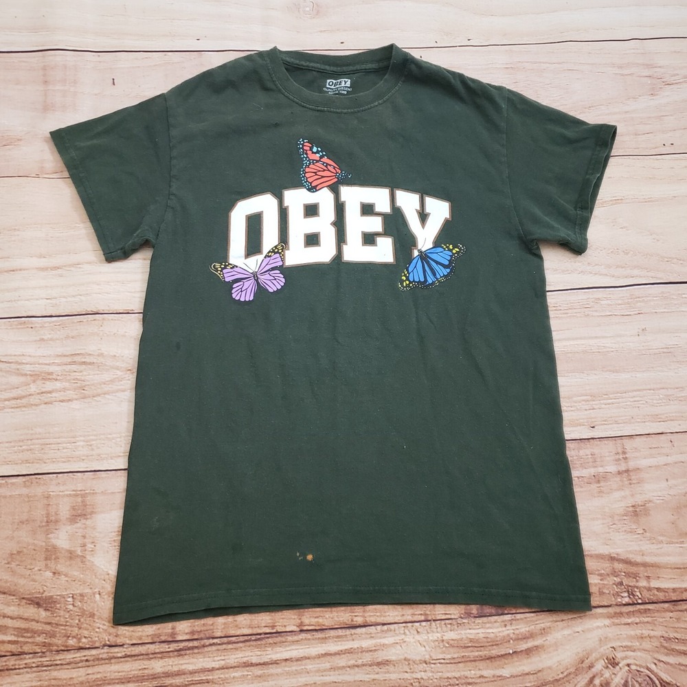 Obey Shirt Womens Small Green White Butterfly Short Sleeve Casual Skate Ladies